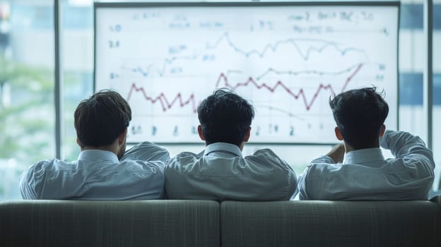 A candid shot of three officers sitting on a sofa in an office, visibly stressed and burned out, as they look at a whiteboard displaying a chart of business deficits. The somber atmosphere emphasizes the pressure of high-stakes decision-making in a professional environment.