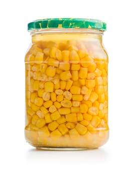 Canned sweet corn in jar isolated on a white background.