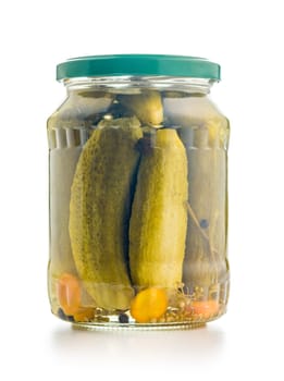 Pickles. Marinated cucumbers in jar isolated on a white background.