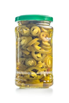 Pickled sliced jalapeno peppers isolated on a white background.