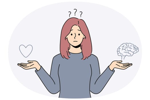 Confused woman choose between heart and brain. Frustrated girl make decision between emotions and reason. Vector illustration.