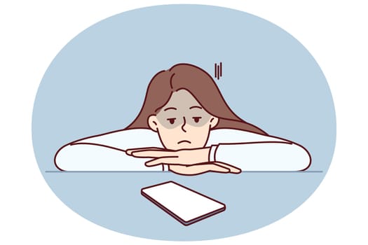 Woman looks at phone waiting for call from boyfriend or SMS message suffering from digital addiction. Girl is addiction to mobile gadgets or smartphone in need of internet communication