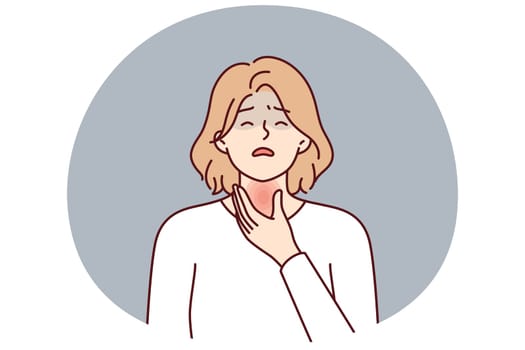 Woman is experiencing thyroid pain associated with hypothyroidism or cancer of endocrine system and puts hand on red neck. Thyroid disease requiring treatment and therapy or surgery