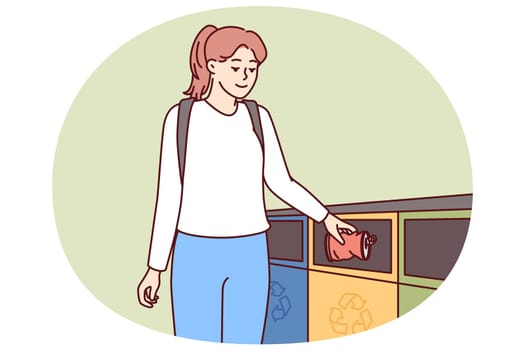 Woman throws iron can into metal trash can to take care of nature for eco consciousness concept. Young girl with backpack takes care of ecology by separating trash for further processing and reuse.
