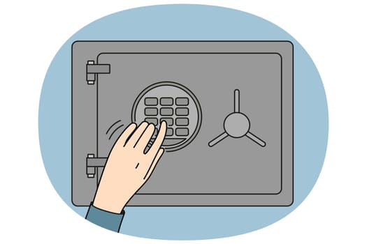 Man hand near safe with electronic combination lock, for storing money and jewelry or important documents. Human opens safe to hide sensitive information and protect against data leakage