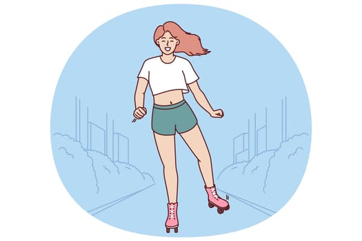 Woman uses roller skates to ride around city and breathe fresh air on hot summer day. Young girl enjoys walk and moves through streets on roller skates to give up gasoline transport.