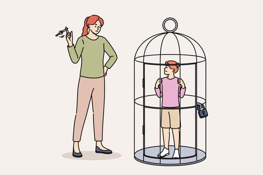 Overprotection and violence against children from woman standing near small cage with daughter. Problem of overprotection causing stress and depression in child, victims of bad parents