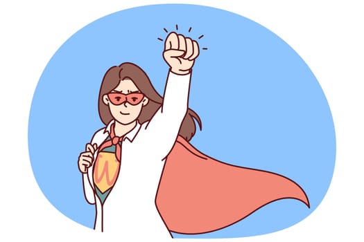 Super woman rips off shirt showing off superhero clothes and flying out to save business of those in trouble. Business woman superhero getting ready to save company for crisis management metaphor