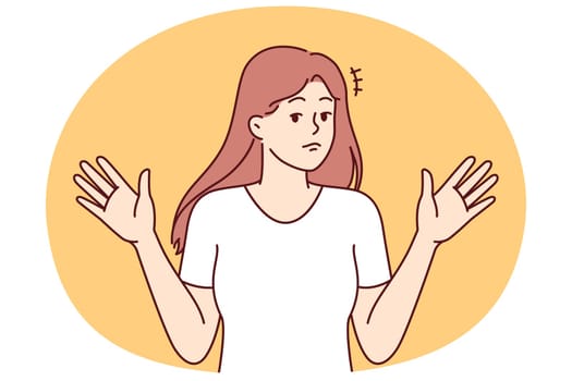 Woman throws up hands, denying involvement in problem or demonstrating ignorance of answers to question asked. Girl raises hands, denying presence of trouble and being in confusion or uncertainty