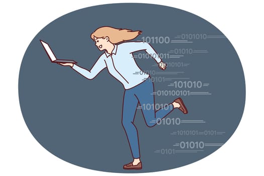 Running woman with laptop symbolizes ambition and pursuit of success in business and corporate careers. Businesswoman using laptop running symbolizing high speed 5g internet and fast job completion