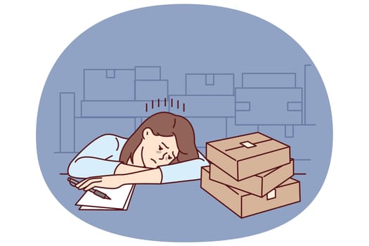 Upset girl near cardboard boxes works in warehouse or logistics company and falls asleep sitting at table. Tired woman feels lack of motivation to work in warehouse or fulfillment industry