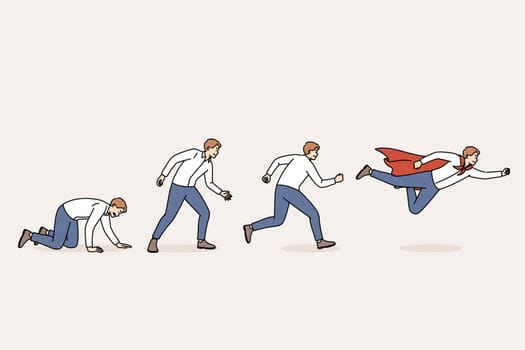 Evolution of business man turning into leader and superhero from crawling loser. Process of evolution of successful office manager who became successful thanks to hard work and responsibility