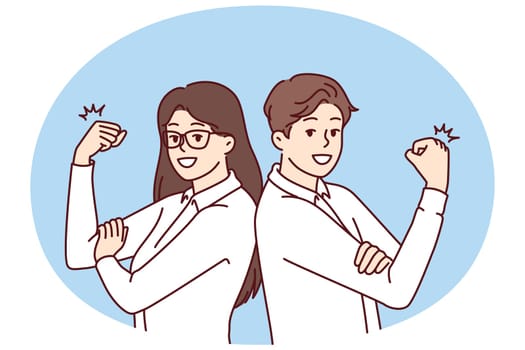 Business man and woman with smile demonstrate biceps for concept of professionalism and cool skills. Professional managers are ready to get to work and raise income of business or large company