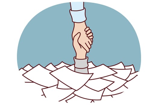 Hand among papers and documents asks for help and salvation from bureaucracy and overabundance paperwork that causes burnout. Helping hand for person suffering from work overload or bureaucracy