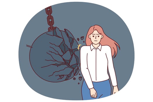 Tenacious businesswoman achieves success without paying attention to giant iron ball hitting back. Brave businesswoman wants to become leader and climb career ladder overcoming all obstacles