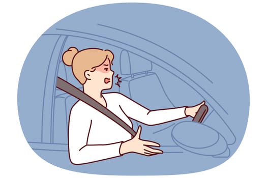 Woman driver got into traffic jam on road and swears feeling furious due to being late for work. Girl driving car during traffic jam on highway is angry at perpetrators of situation