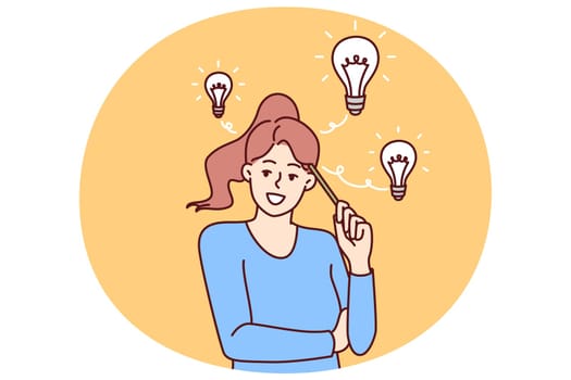 Teenager girl with light bulbs over head comes up with idea and holds pencil near temple. Smart schoolgirl comes up with idea for essay wishing to apply for educational grant at university