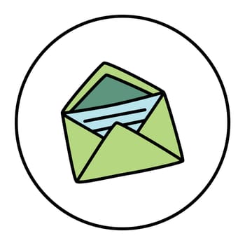 Doodle Open envelope with letter icon or logo, hand drawn with thin black line. Isolated on white background. Vector illustration