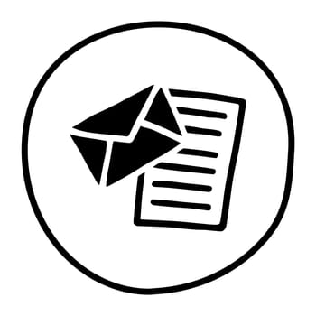 Doodle Open envelope with letter icon or logo, hand drawn with thin black line. Isolated on white background. Vector illustration