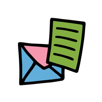 Doodle Open envelope with letter icon or logo, hand drawn with thin black line. Isolated on white background. Vector illustration