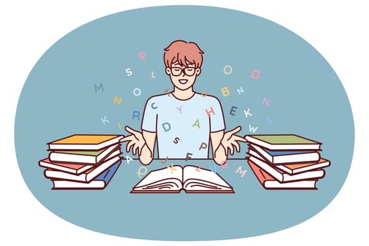 Boy student reads books and gets new knowledge from classical literature or professional textbooks. Teenage bookworm sits at table with books and, closing eyes, imagines flying letters