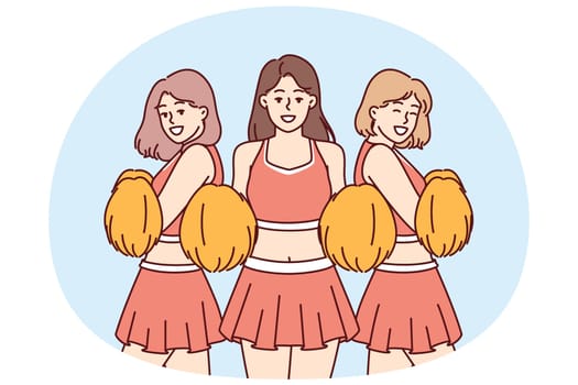 Cheerleader girls supporting sportsmen during match or tournament and entertaining fans in stadium. Beautiful teenage girls in college cheerleader clothes for football or basketball tournament