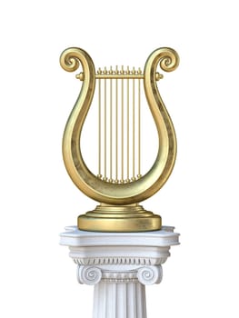 Golden lyre on antic column 3D rendering illustration isolated on white background