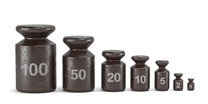 Set of old weights 3D rendering illustration isolated on white background