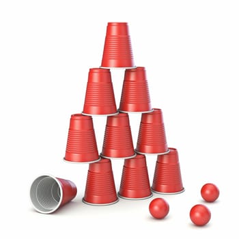 Red plastic cup pyramid 3D rendering illustration isolated on white background