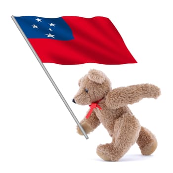 A Western Samoa flag being carried by a cute teddy bear