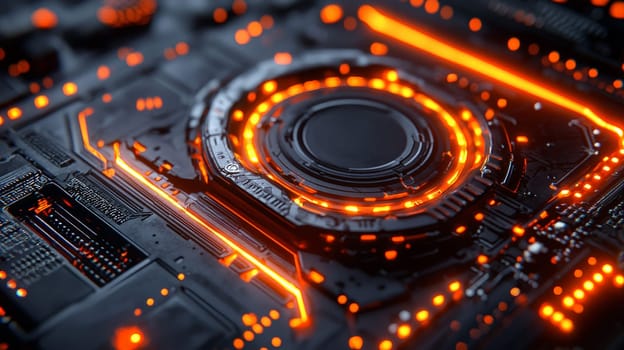 A hyper-detailed 3D rendering of a technical abstract background in vibrant orange and deep black. This high-resolution, high-contrast image emphasizes complex geometric patterns and a futuristic aesthetic, offering a visually captivating experience with striking clarity.
