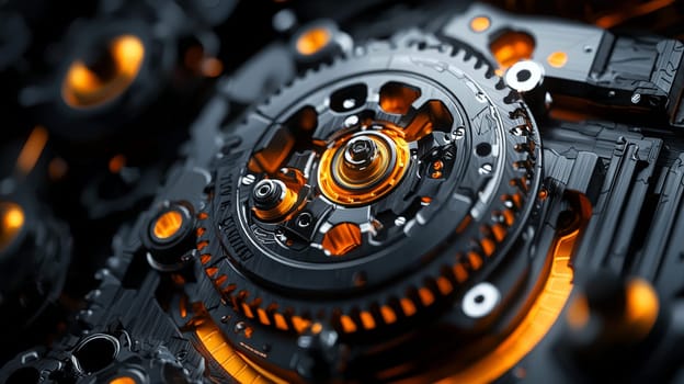 A hyper-detailed 3D rendering of a technical abstract background in vibrant orange and deep black. This high-resolution, high-contrast image emphasizes complex geometric patterns and a futuristic aesthetic, offering a visually captivating experience with striking clarity.