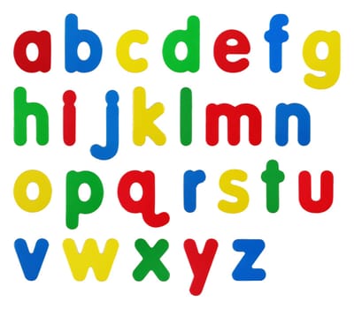 Alphabet lower case colored magnetic letters on white with clipping path
