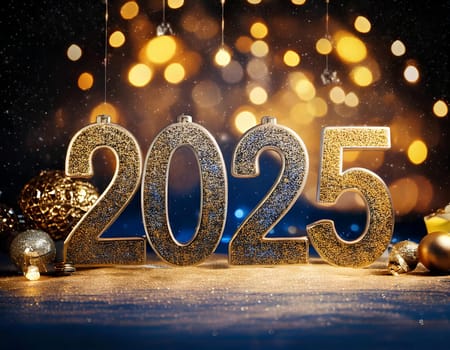 Happy new year 2025. Festive design with Christmas decorations, balls, streamer and garlands. High quality illustration