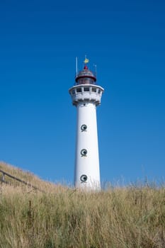The approx. 28 m high white lighthouse J.C.J. van Speijk in Egmond aan Zee, North Holland, Netherlands, in the sand dunes with beach grass