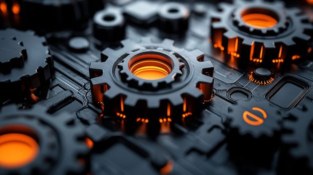 A hyper-detailed 3D rendering of a technical abstract background in vibrant orange and deep black. This high-resolution, high-contrast image emphasizes complex geometric patterns and a futuristic aesthetic, offering a visually captivating experience with striking clarity.