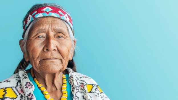 Elderly Indigenous woman in traditional clothing and headband against blue background, AI Generated