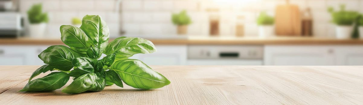 Empty kitchen table with green plant in bright home interior with large windows, banner mockup background with copy space, AI Generated