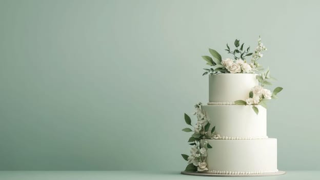 Wedding cake with beautiful flowers on solid pastel color background, copy space, AI Generated