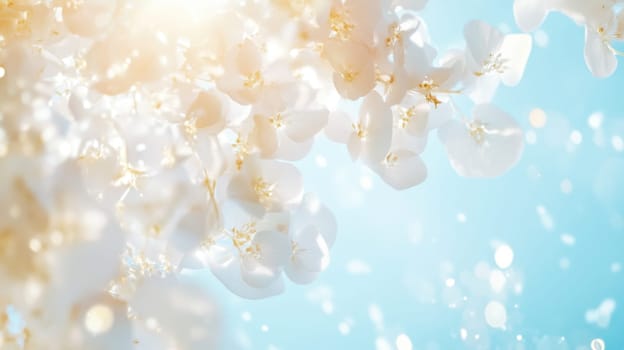 White hydrangea flowers with soft bokeh on blue sky background, AI Generated