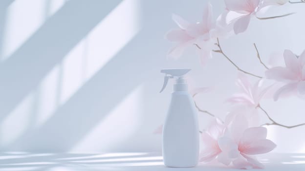 Seasonal spring cleaning, florals and cleaning products pastel mockup design background, AI Generated content