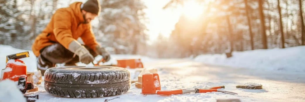 Worker in warm clothing changing a car tire on snowy winter day, concept of winter maintenance, roadside assistance, AI Generated