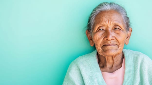 Elderly Indigenous woman in traditional clothing and headband against blue background, AI Generated