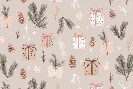 Christmas Gift boxes and pine cones pattern seamless holiday background, AI Generated