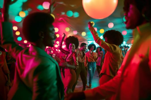 People dancing under disco balls with colorful lights and vibrant nightlife, AI generated