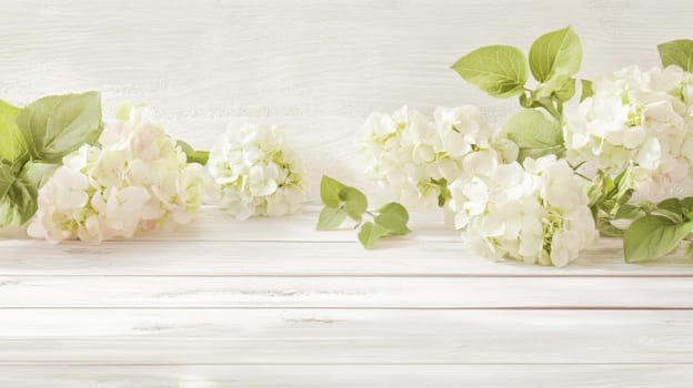 White hydrangea flowers on wooden background with green leaves, nature concept, AI Generated