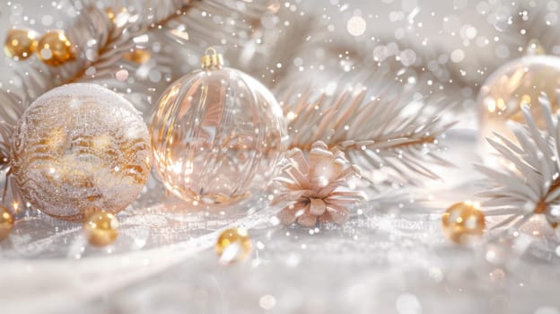 Christmas postcard with ornaments, Christmas tree in snow against blurred background, AI Generated