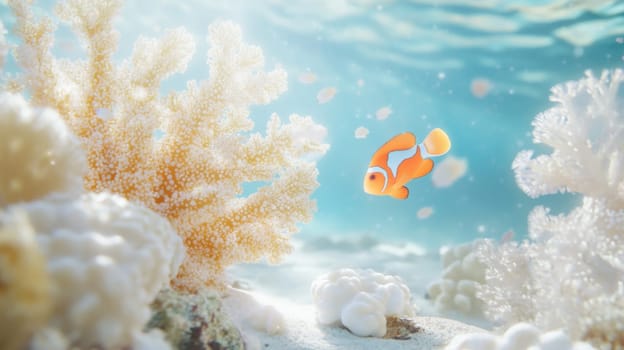 Tropical fishes swimming near white coral reef ocean underwater, serene aquatic background, AI Generated