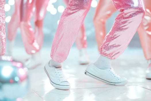 Group of disco dancers wearing pink silver pants and white sneakers, concept fashion, AI Generated