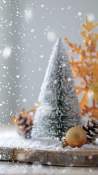 Christmas postcard with ornaments, Christmas tree in snow against blurred background, AI Generated
